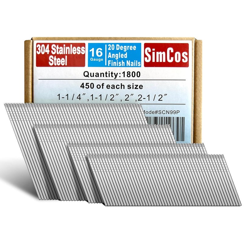 SimCos 16 Gauge Angled Finish Nails 304 Stainless Steel, (1-1/4", 1-1/2", 2", 2-1/2"), 20-Degree,Assorted Size Project Pack for Pneumatic, Electric Finish Nailer or Nail Gun (Assembly 1800) - Image 1